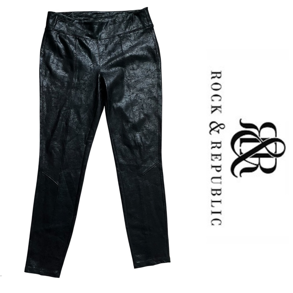 ROCK & REPUBLIC Leggings Women’s L Black Faux Leather Embossed LIKE NEW